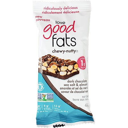 DARK CHOCOLATE SEA SALT ALMOND CHEWY NUTTY ALMOND BAR LOVE GOOD FATS