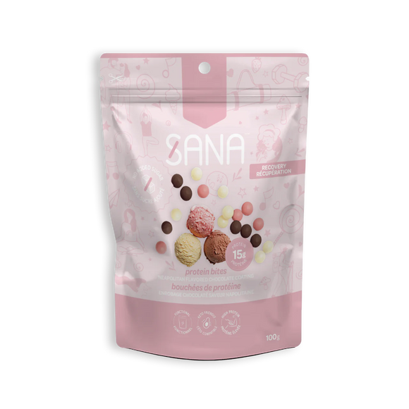 NEAPOLITAN CHOCOLATE COVERED PROTEIN BITES 100G SANA